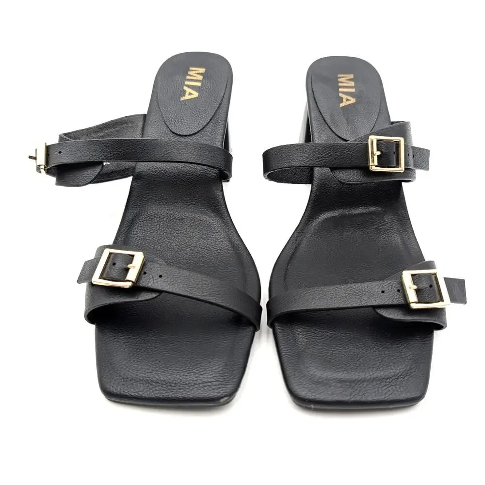 Mia Rene Double Buckle Block Heel Sandals Women's Black Size US8.5M EU38.5